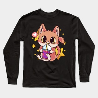 Cat Boba Tea Bubble Tea Anime Kawaii Long Sleeve T-Shirt